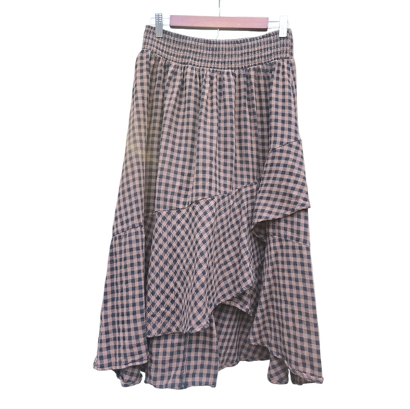 Gingham Black Brown Ruffle Asymmetrical Midi Skirt - Picture 2 of 7